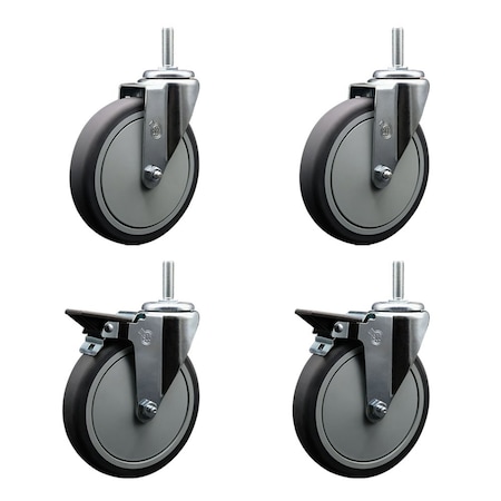Service Caster 6 Inch Thermoplastic  Rubber Wheel Swivel 58 Inch Threaded Stem Caster Set 2 Brakes SCC SCC-TS20S614-TPRB-58212-2-PLB-2